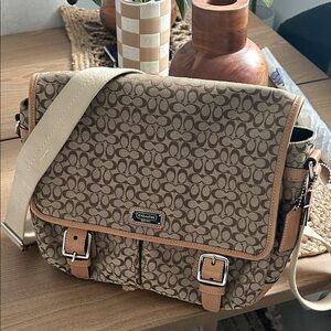 Coach Signature Canvas Messenger Bag in Brown with Tan Trim
